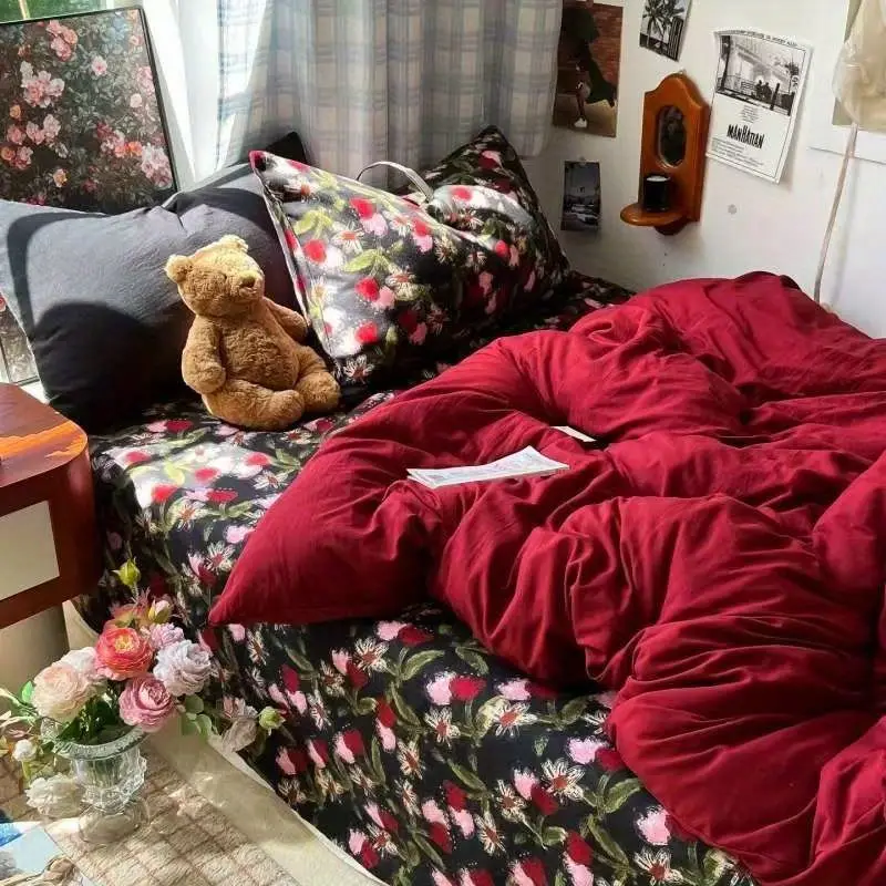 Romantic Bedding Set Floral Ins Style Duvet Cover Flat Sheet with Pillowcases Single Queen Full Size Boys Girls Korean Bed Linen