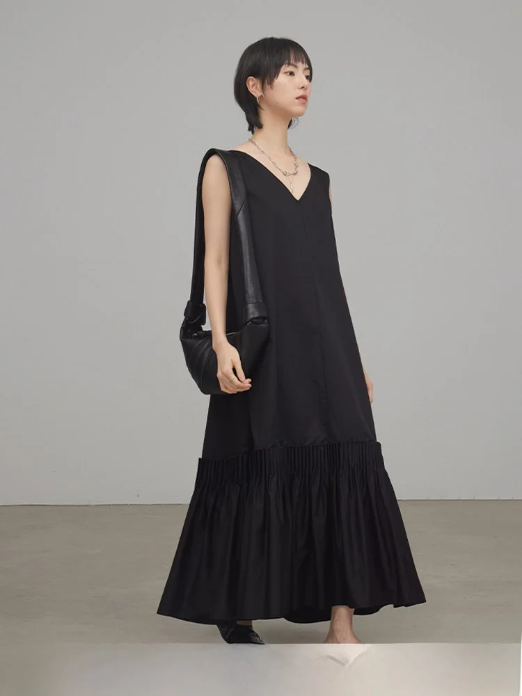 

XIMU STUDIOS Женское летнее платье с V-образным вырезом, новое дизайнерское решение, А-силуэт, длинное, из хлопка, простое, для повседневной носки