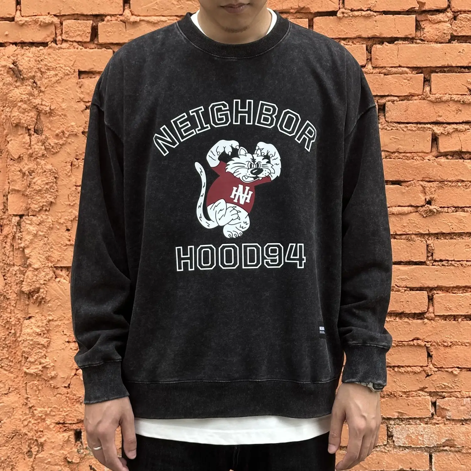 NEIGHBORHOOD Spring Fall Long Sleeve Vintage Washed Tiger Print Crewneck Pullover Hoodie, Loose Casual Top