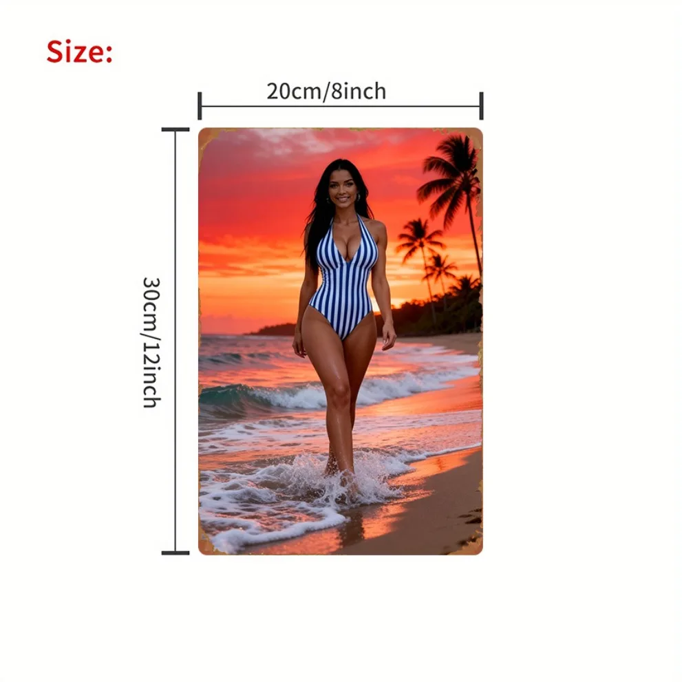 Retro Sunset Beach Girl Metal Sign 8x12in Wall Art for Farmhouse Kitchen Decor