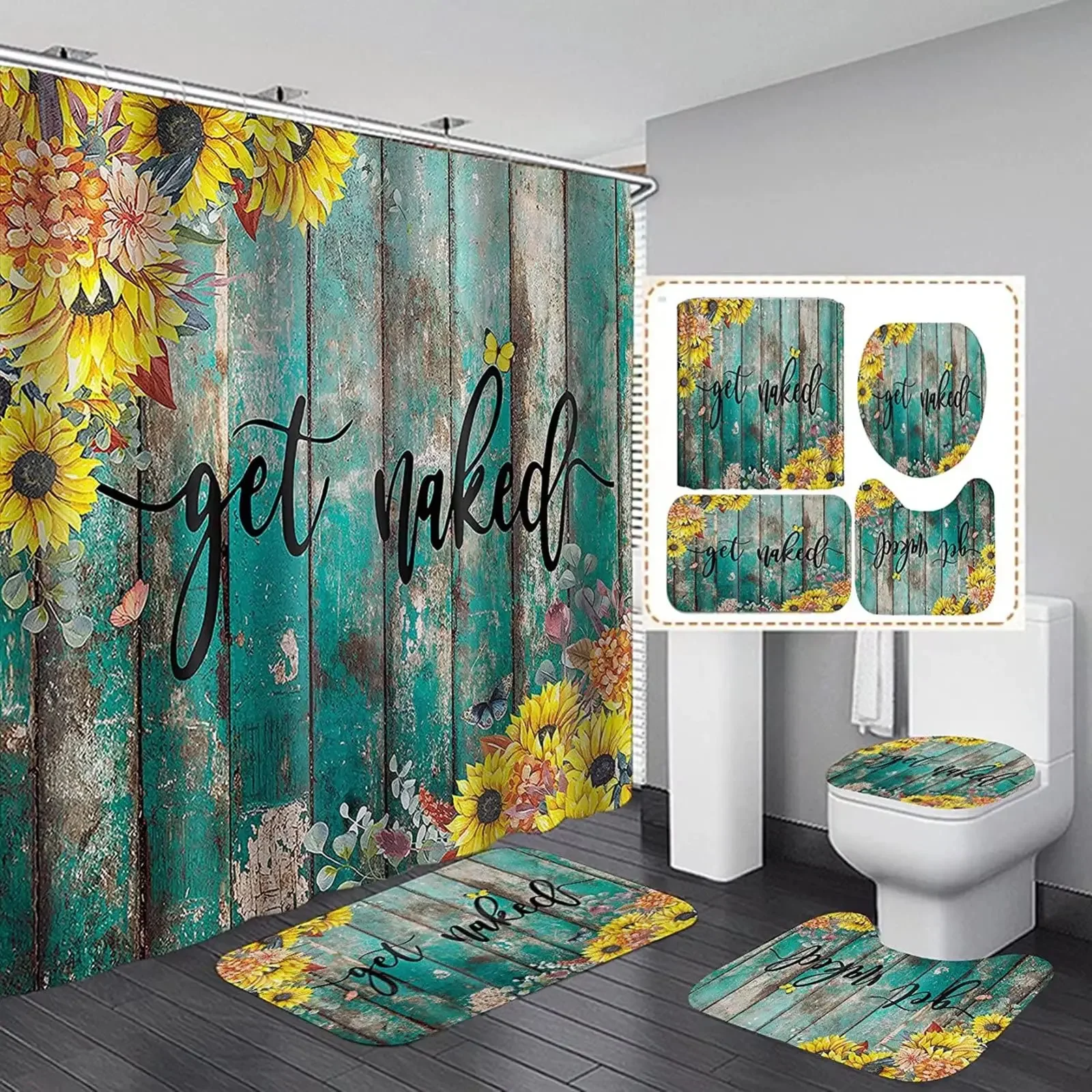 Get Naked Sunflower Shower Curtain Set Floral Green Country Bathroom Curtain Set Non-Slip Rug Bath Mat Toilet Lid Cover Home Set