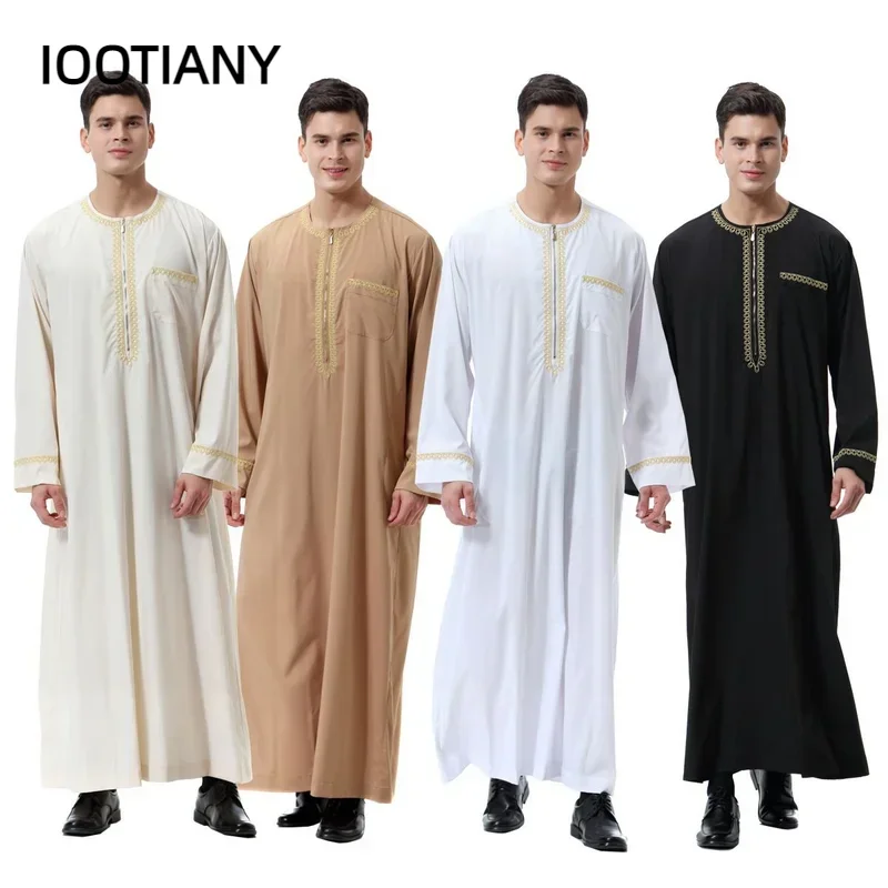 Muslim islamic Clothing Men Jubba Thobe print zipper Kimono Long Robe Saudi Musulman Wear abaya caftan Islam Dubai Arab Dressing