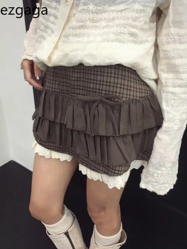

Ezgaga Women Skirts Patchwork Autumn Winter Fashion Vintage Y2k Preppy Style Ruffles Patchwork Pleated Skirt Ladies Casual