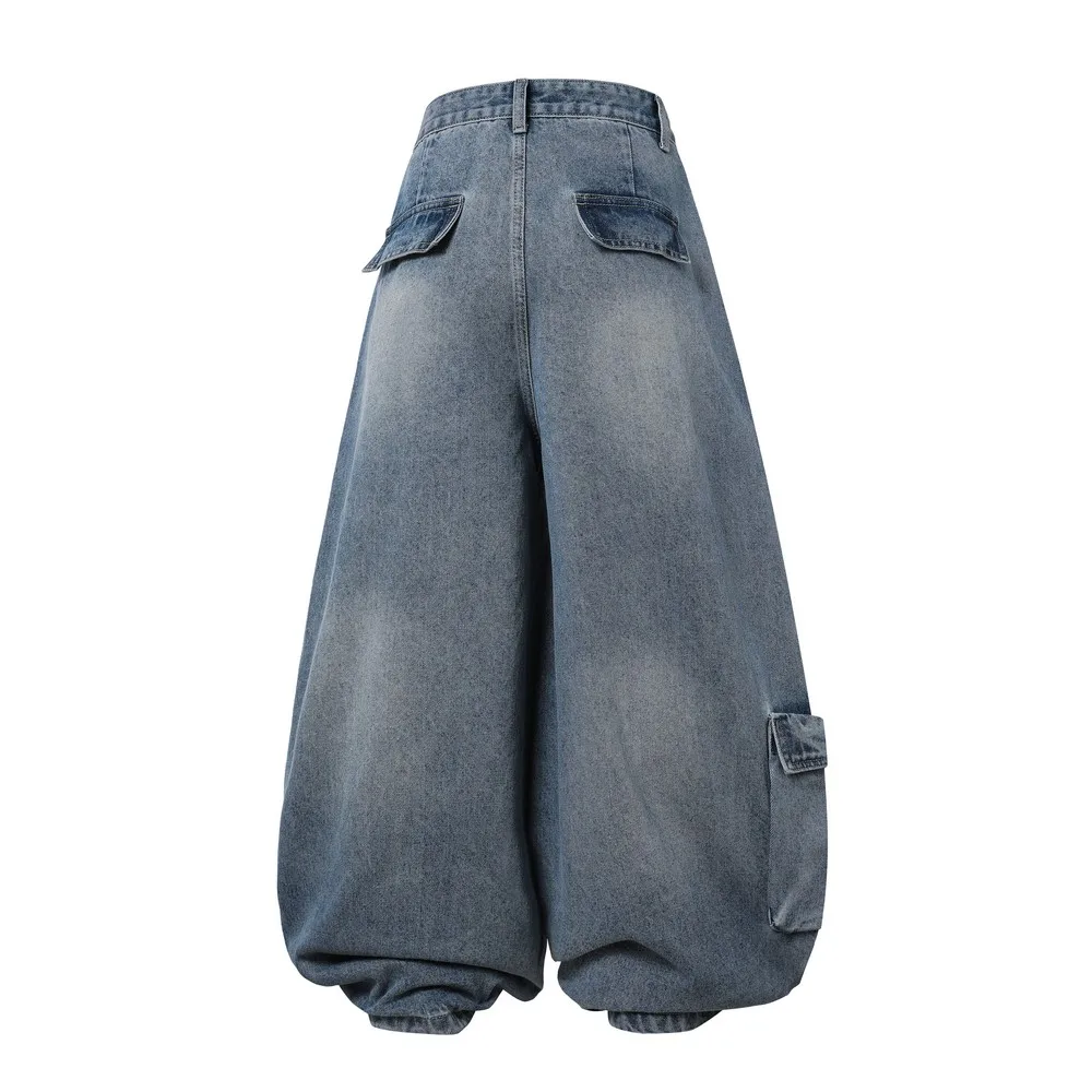Asymetrical Pockets Vintage Washed Vintage Gothic Distressed Grunge Women's Cargo Jeans Pants Trousers for Women Men Streetwear