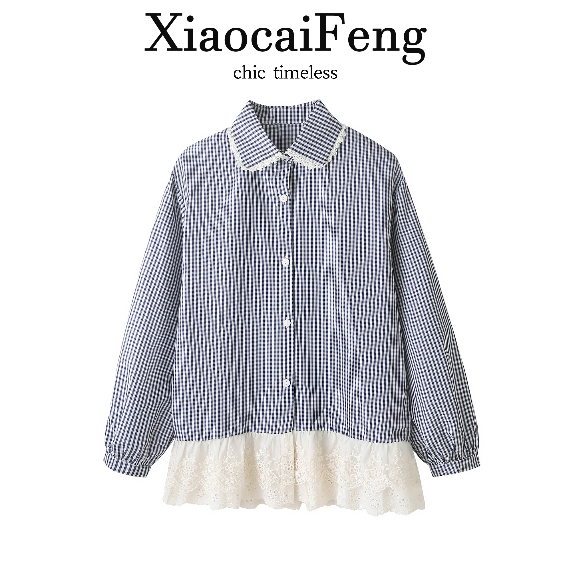 

Корейская женская блузка в клетку с кружевными вставками, свободного кроя, в стиле кэжуал, модная, дышащая, для весны и осени