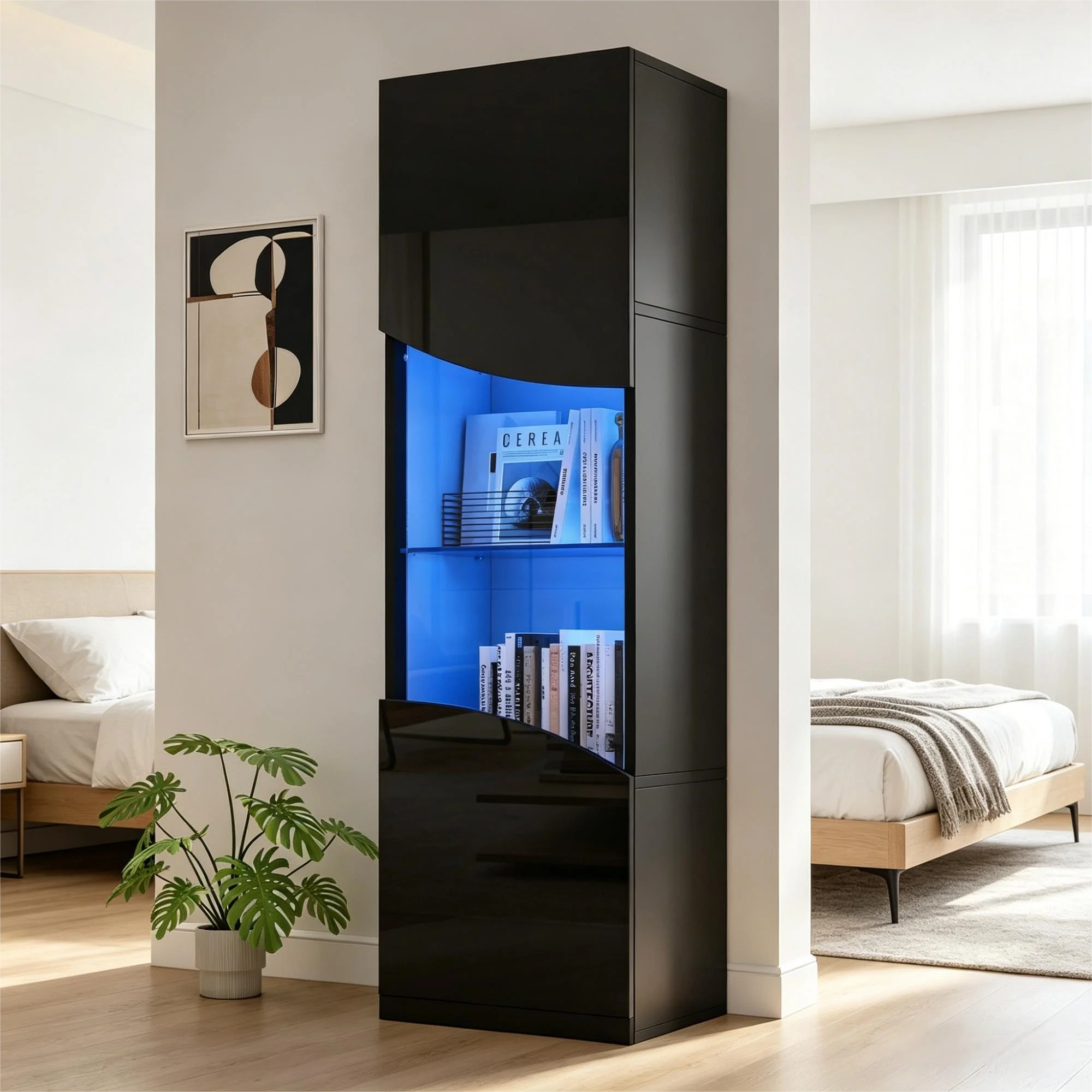 Vitrine Courbe Concave 35x50x165cm, Vitrine Noire Brillante avec Éclairage LED et Portes en Verre – Meuble de Rangement Haut pour Salon et Objets de Collection
