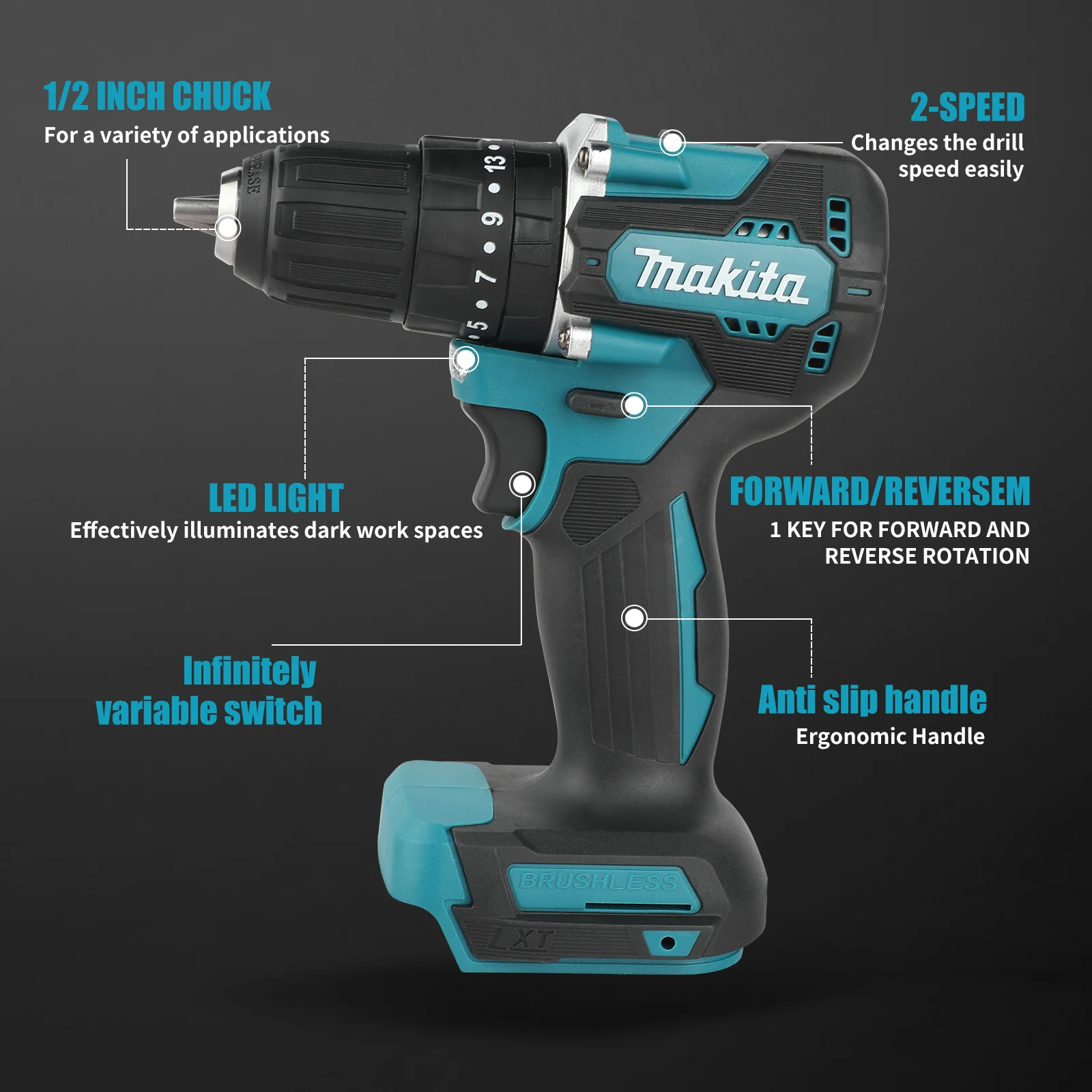 NEW 2026 Makita DDF487 18V Electric Drill,Brushless Motor,40Nm Torque,1.5-13mm Clamping,Forward/Reverse Rotation tools
