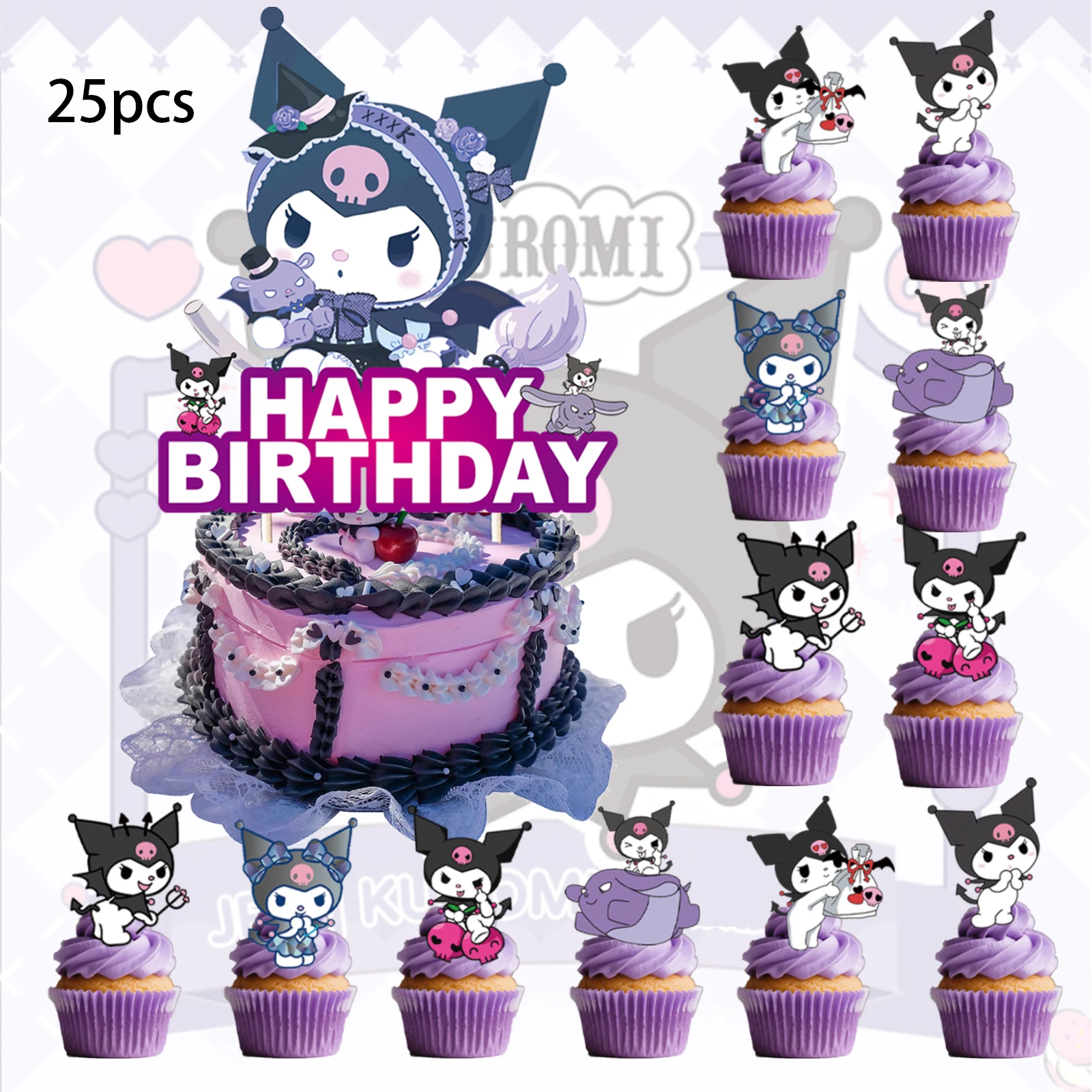 Adorno para tarta Kuromi, adornos para magdalenas, decoraciones de cumpleaños Kuromi, suministros para fiestas temáticas, decoraciones para tarta de cumpleaños Kuromi