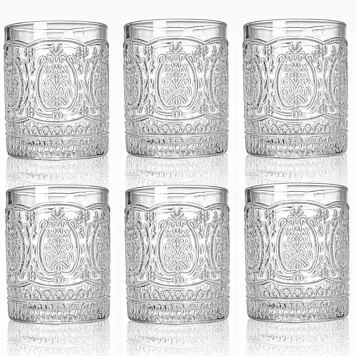 

6 Pack 13 OZ Romantic Water Glasses, Embossed Drinking Glasses Tumblers, Vintage Hobnail Glassware Set, Clear Rocks Glass Cups f