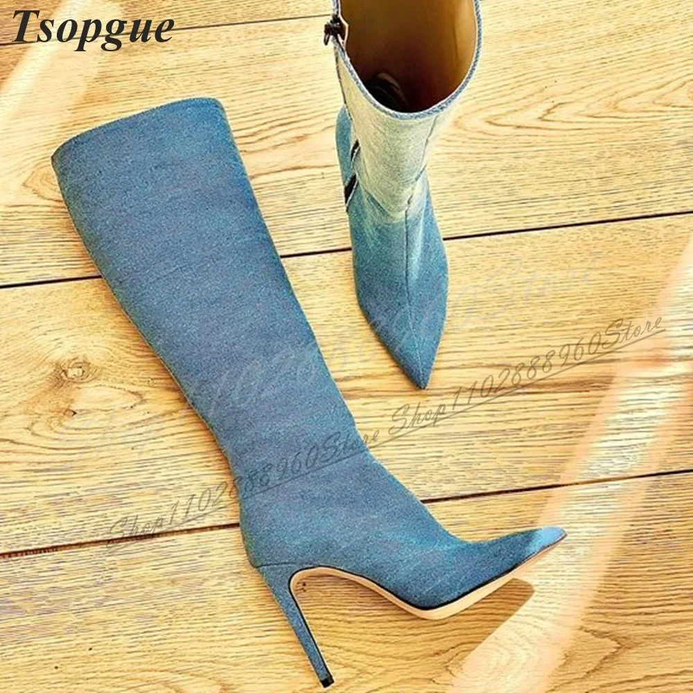 

Knee High Light Blue Denim Slim Boots Stilettos High Heel Shoes For Women Side Zipper Pointed Toe Fashion Zapatos Para Mujere