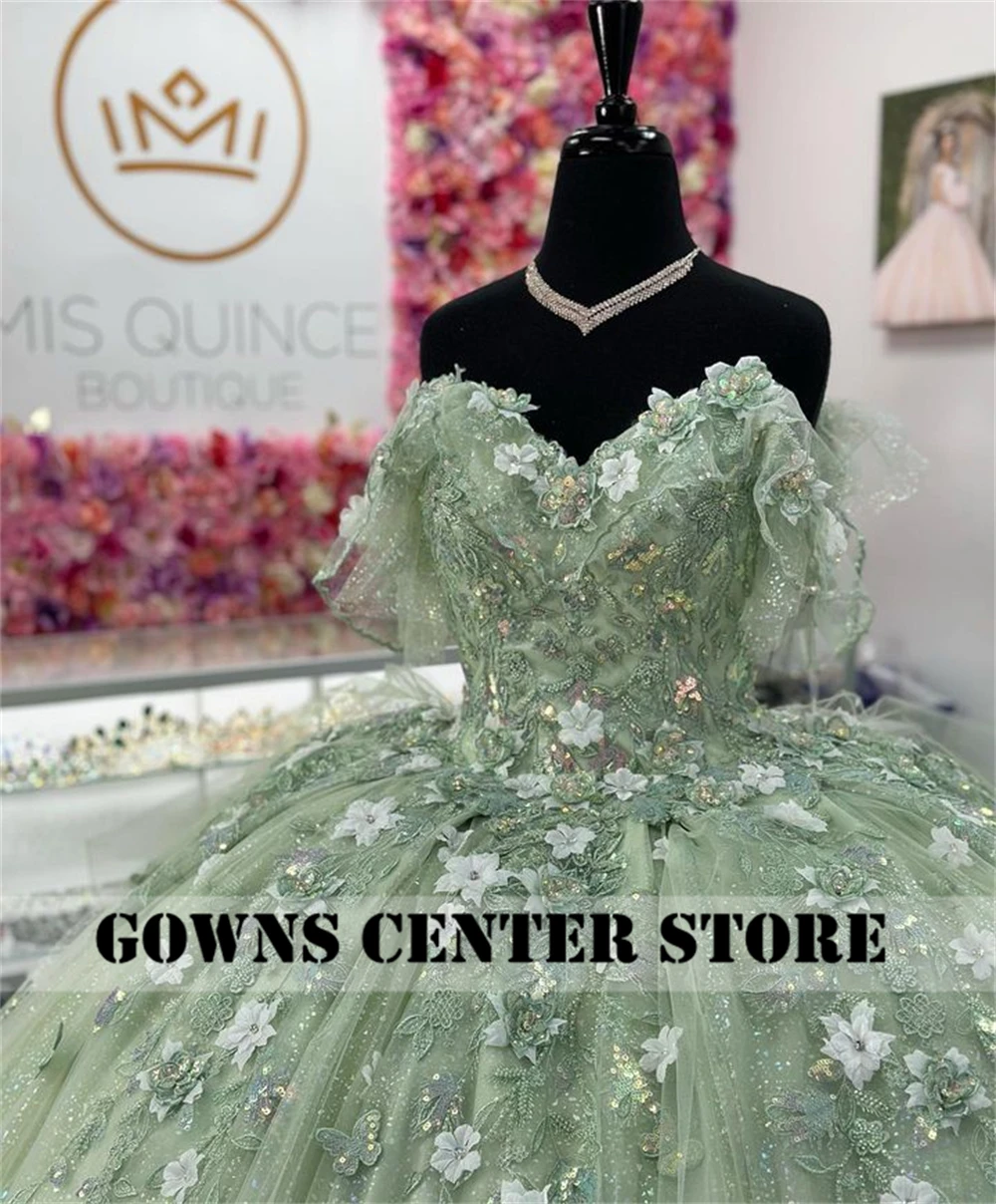 Sage Green Butterflies Lace Appliques Off The Shoulder Quinceanera Dresses Ball Gown Corset Princess Dress vestidos Customized