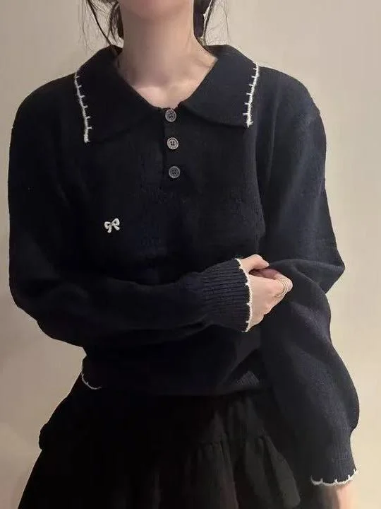 Francês sle longo sve camisola de malha feminina solto ajuste bordado nó oco para fora colarinho algodão macio outono topo