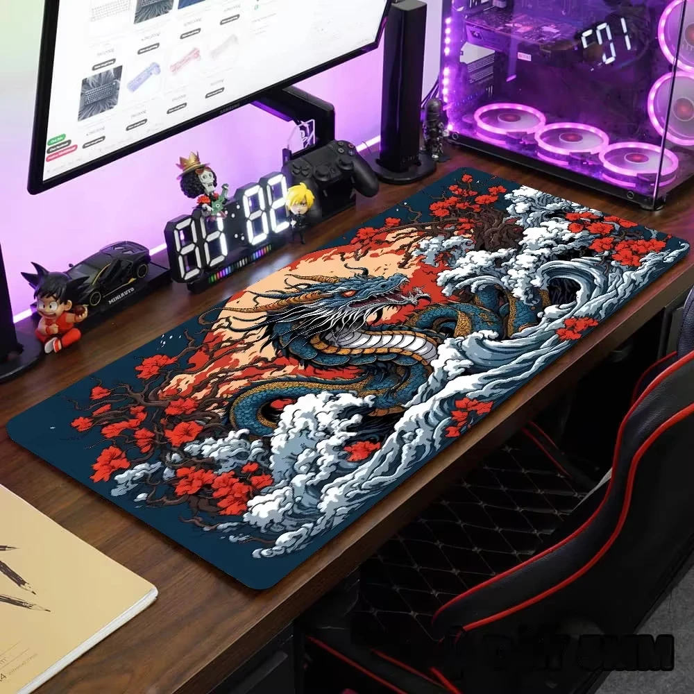 VIKAMA Red Flower Ocean Wave Traditional Chinese Dragon XXL Desk Mat Non Slip Rubber Gaming Mouse Pad Home Office Tabletop Decor