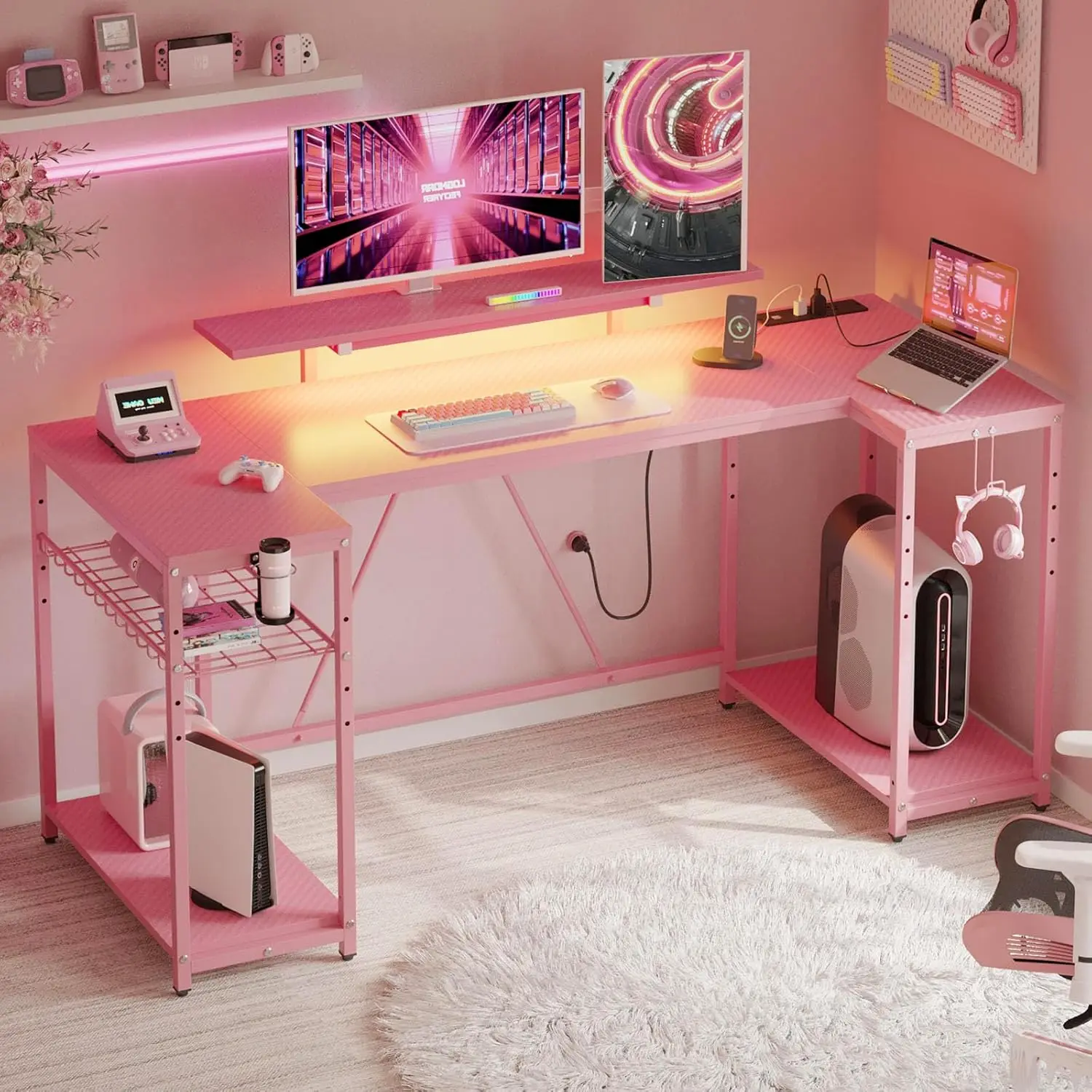 Pink Gaming Desk with LED Lights & Power Outlets, 63 inch U Shaped Computer Desk with Monitor Stand & Storage Shelves