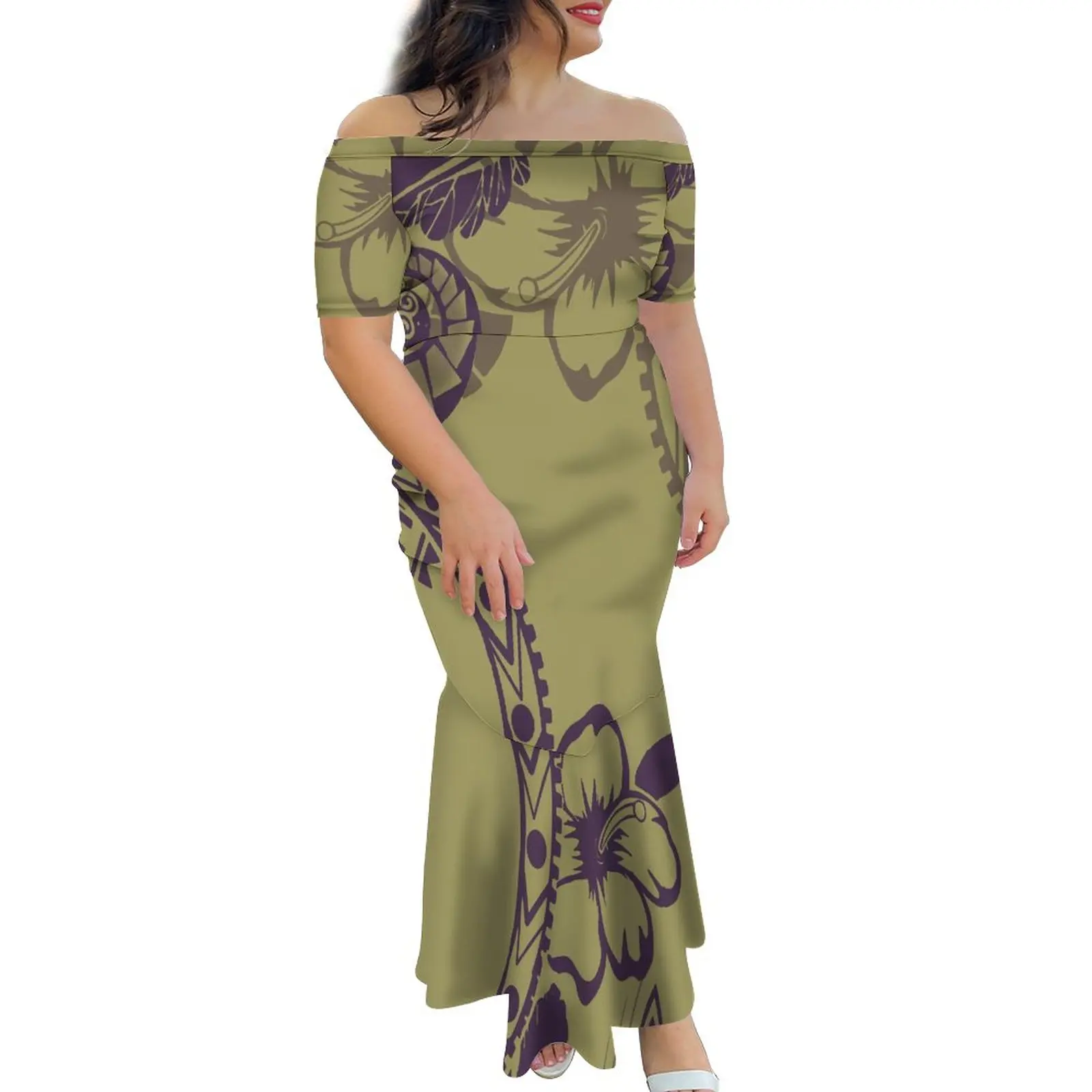 2023 New Design Custom Tonga Polynesian Tribal Off Shoulder Fishtail Dress Mermaid Dresses Match Mens Shirts