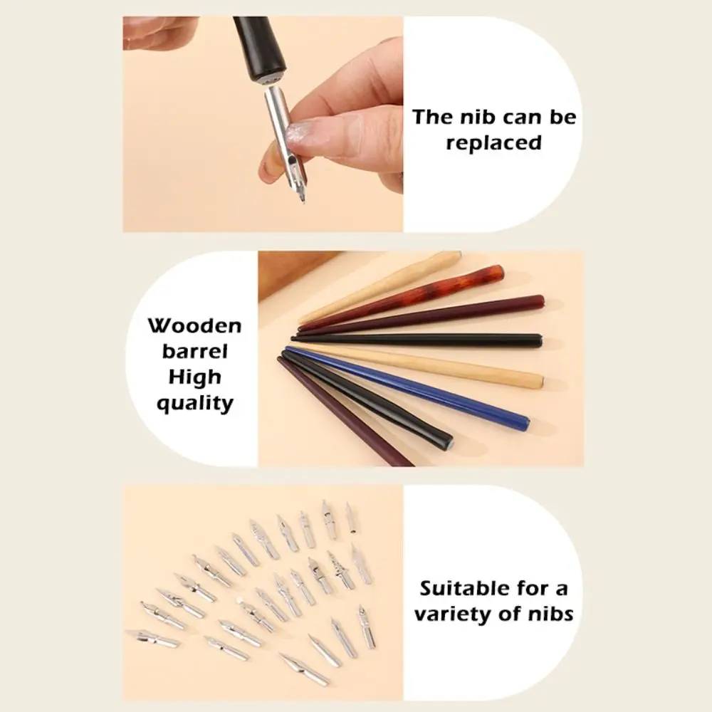 

1pcs Multi-functional Wooden Rod Dip Pen Stainless Steel Tip Calligraphy Pen English Pen Office Business