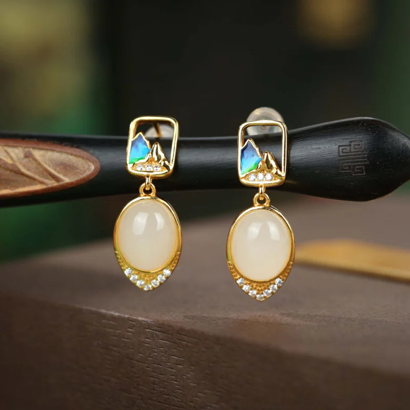 

Серьги-капельки из стерлингового серебра 925 пробы с позолоченным нефритом Hetian, серьги-капли с эмалью, красивые