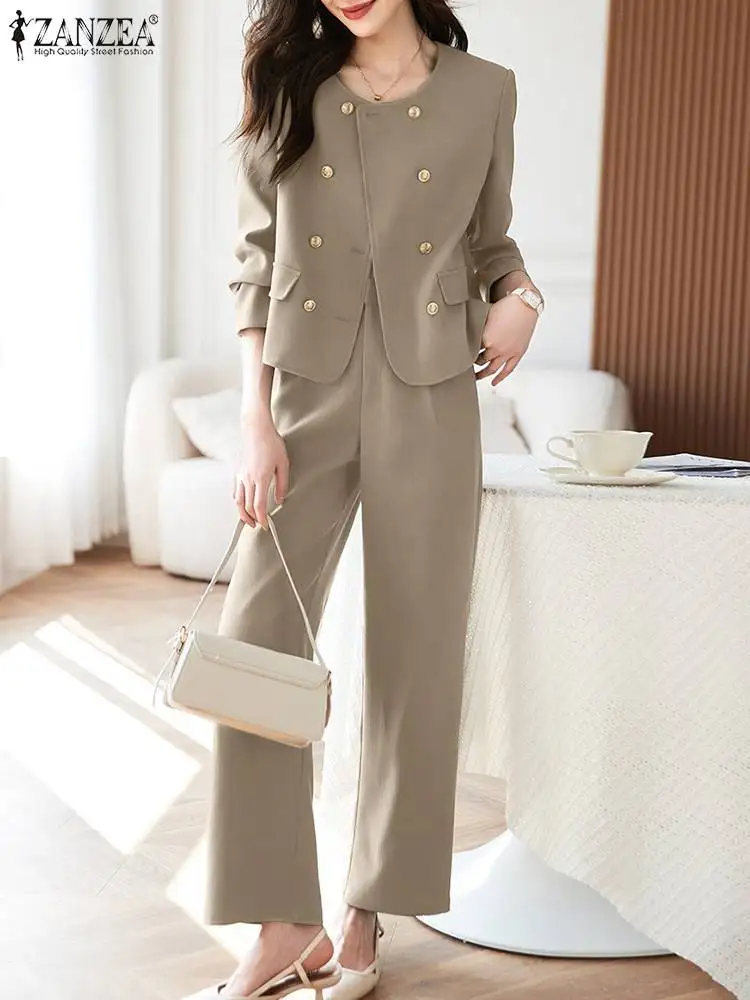 

ZANZEA Women Office Suit Fashion Blazer Solid Long Sleeve Suits Trousers Autumn Wide Leg Pants Sets Casual Work Matching Sets