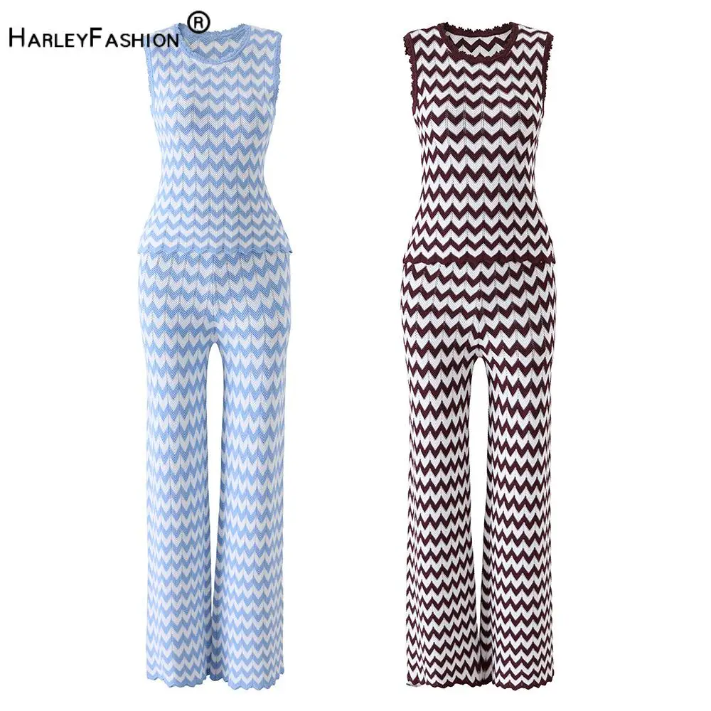 2026 French Style Summer Lady Colorblock Wavy Striped Suit V-neck Sleeveless Tops Flared Pants Women Casual Knits 2pcs