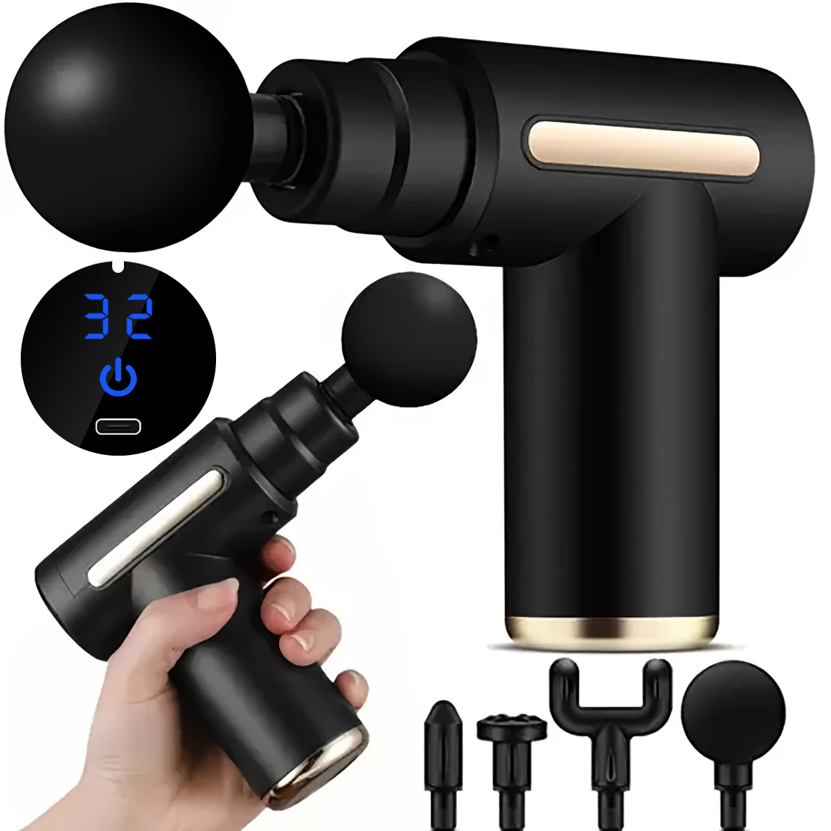 Rechargeable fascia massage gun, LCD display, 32 speed settings, lightweight and portable, comes with 4 interchangeable massager