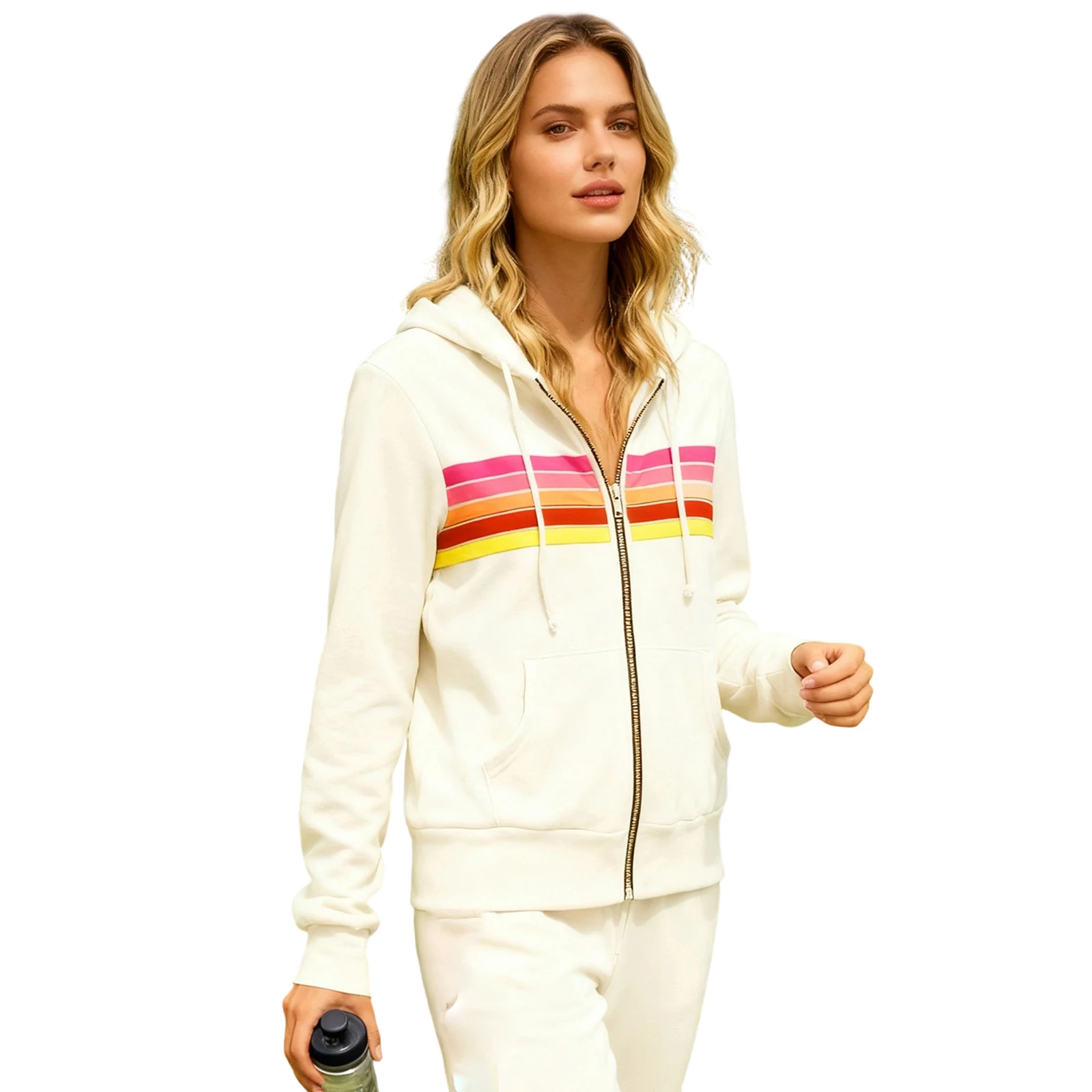 Manteau Patchwork à la mode pour femme, veste à capuche, sweat-shirt zippé avec rayures horizontales colorées pour superposition, usage quotidien