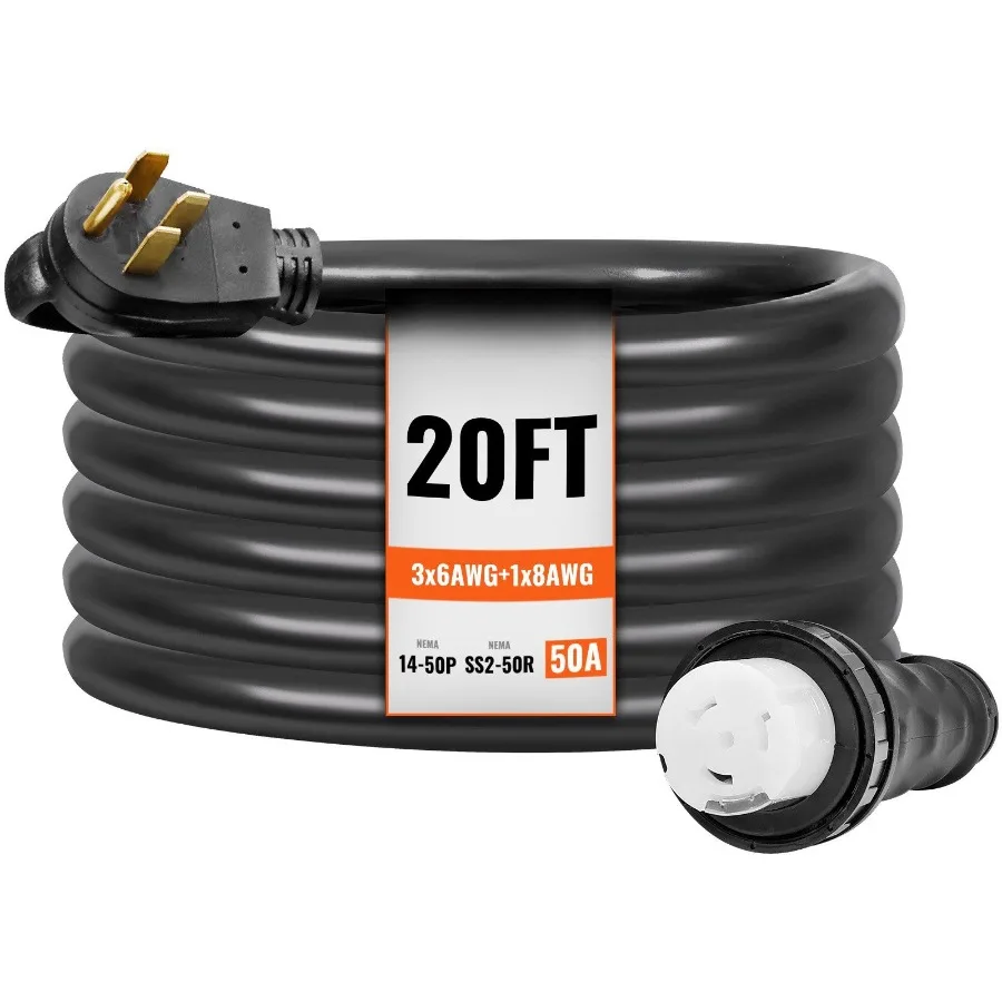 

50 Amp Generator Cord and Power Inlet Box Kit 20FT NEMA 1450P SS250R STW 6 3+8 1 AWG Generator Power Cord with Twist Lock Conn