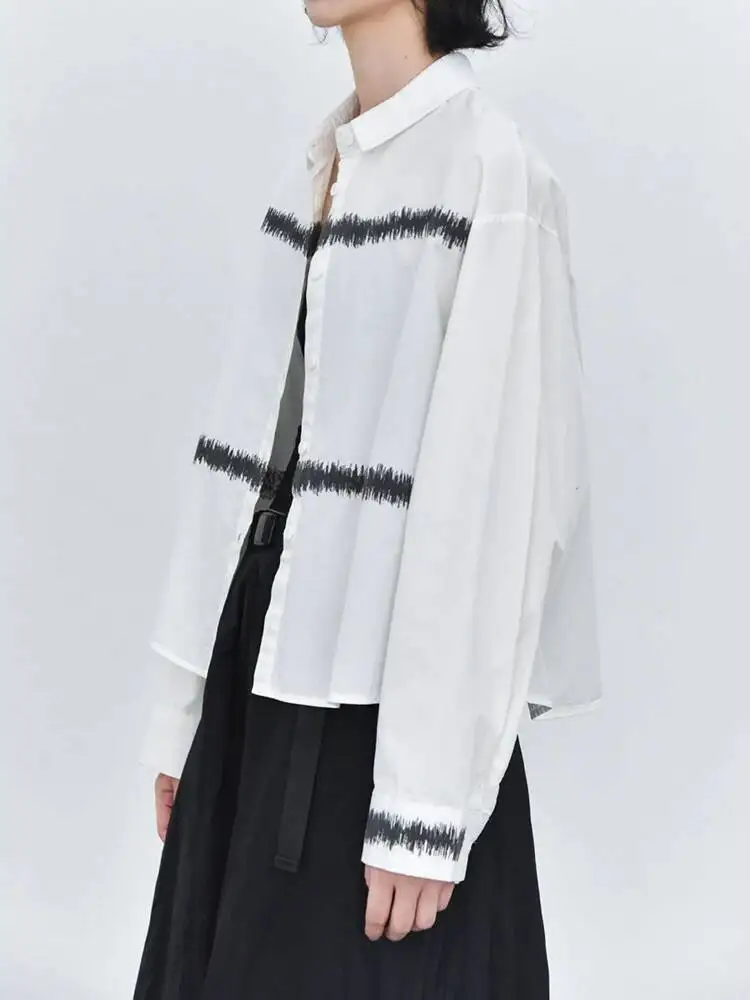 Women White Embroidery Striped Big Size Casual Blouse New Lapel Long Sleeve Shirt Fashion Tide Spring Autumn