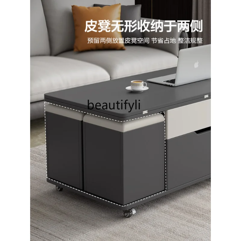 Multi-Functional Tea Table Small Apartment Tea Set Table Simple Home Dining Table Lifting Integrated Tea Table Storage Table