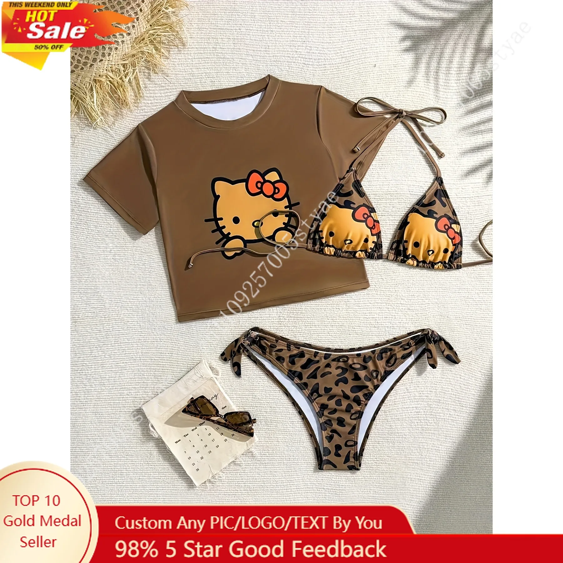 

Hello Kitty Leopard Print Bikini with Short Sleeve Cover Up Trendy Women'S Beach Vacation 3pcs Set