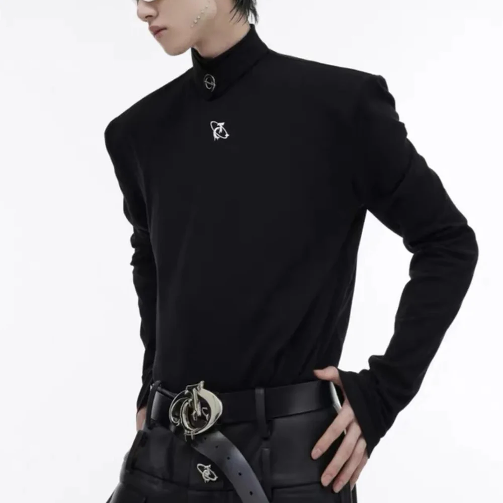 Men Spring T-Shirt Metallic Slim Padded Shoulder Base Layer Streetwear Fashion Youth Outdoor Inner Layer Top Men'S Clothing 2026
