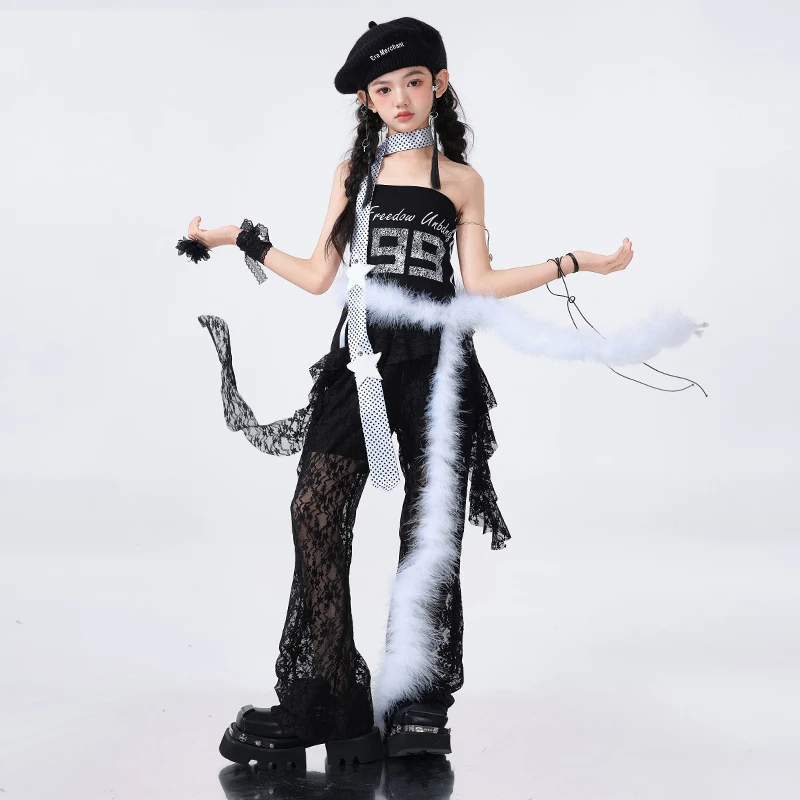 Kpop hip hop roupas de dança meninas jazz dança umbigo topos calças rendas verão street wear festival concerto terno palco bl16213