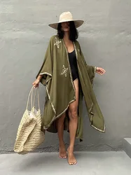 Elegancka haftowana kardigan Kimono osłona do Bikini tunika Pareo wakacyjna wycieczka odzież damska kostium kąpielowy na lato odzież plażowa