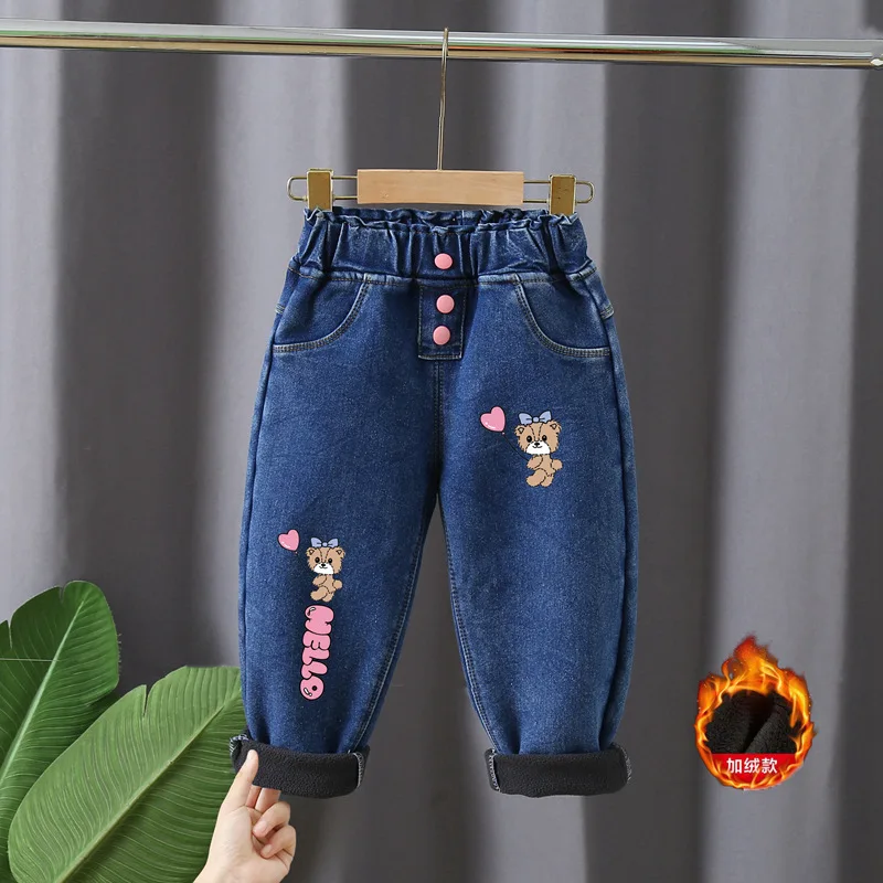 Autumn Winter Girls Fleece Denim Trousers Baby Girl Balloon Bear High Waist Wear Elastic Thickened Jeans Children Warm Pants