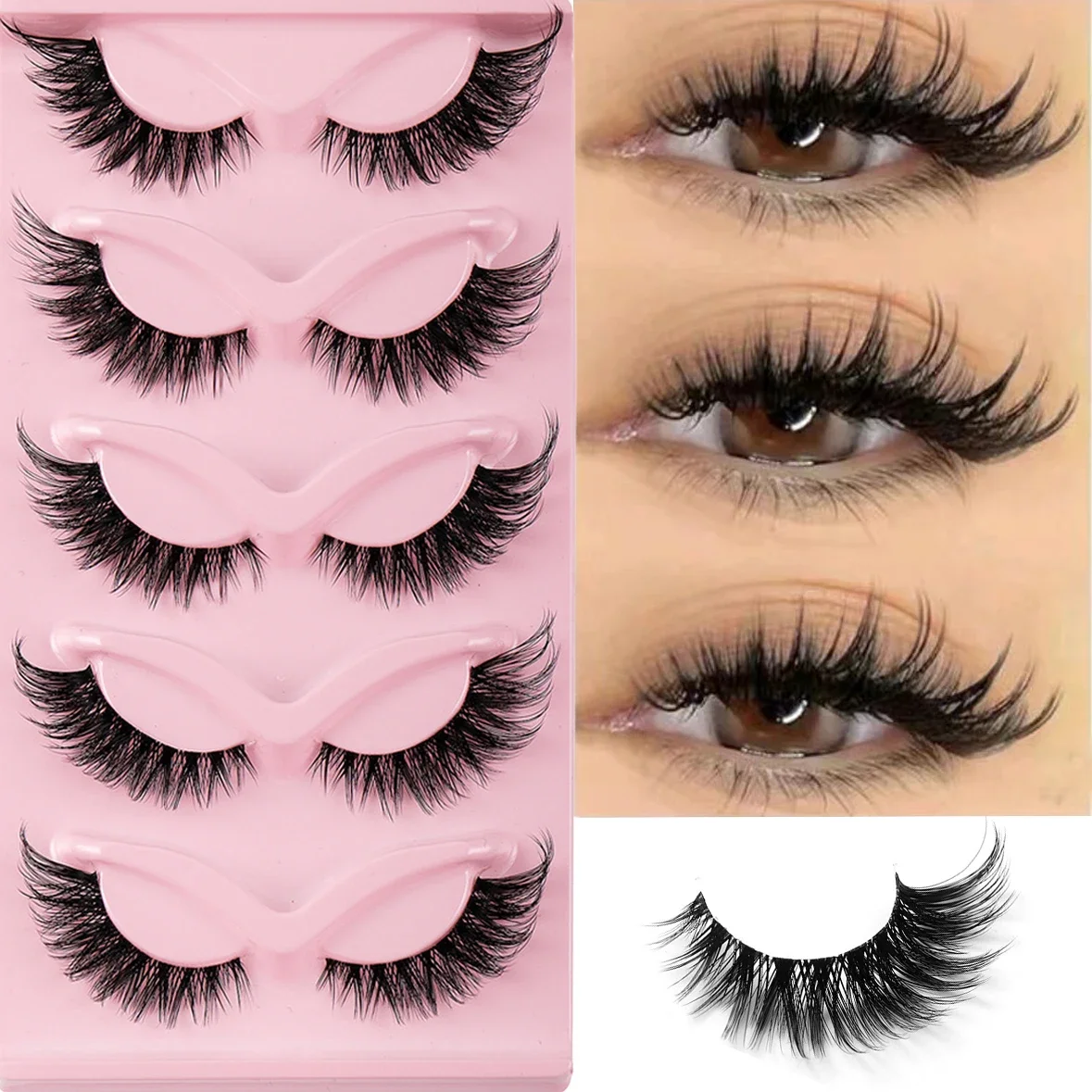 5 Paar Katzenaugen-Wimpern, künstliche Nerz-Wimpern, natürliche lange Manga-Wimpern, geflügeltes Ende, längliche Wimpern, künstliche Wimpern, Make-up