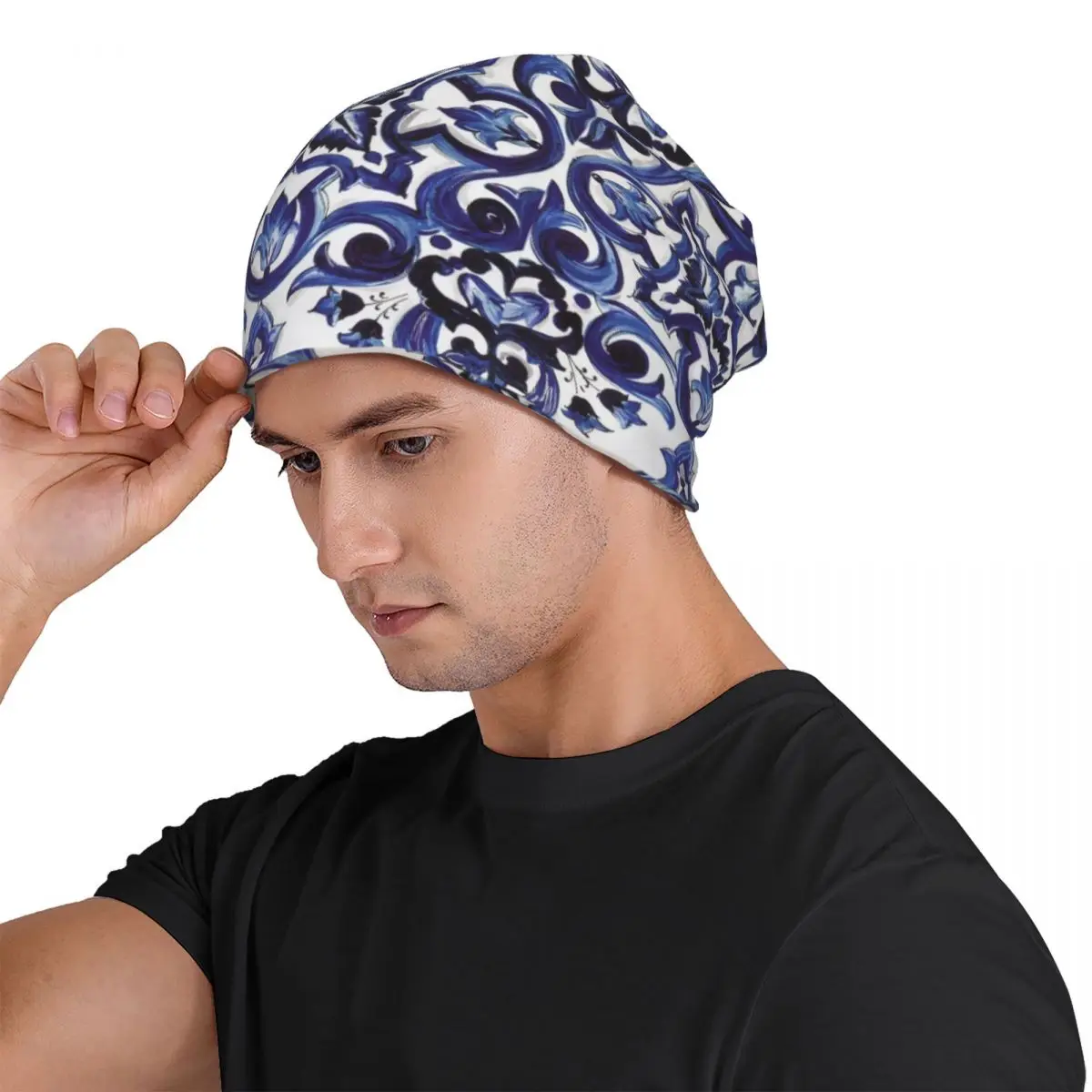 Blue Ornate Floral Mediterranean Sicilian Tile Unisex Adult Beanies Caps Knitted Bonnet Hat Warm Autumn Winter Skullies Hats