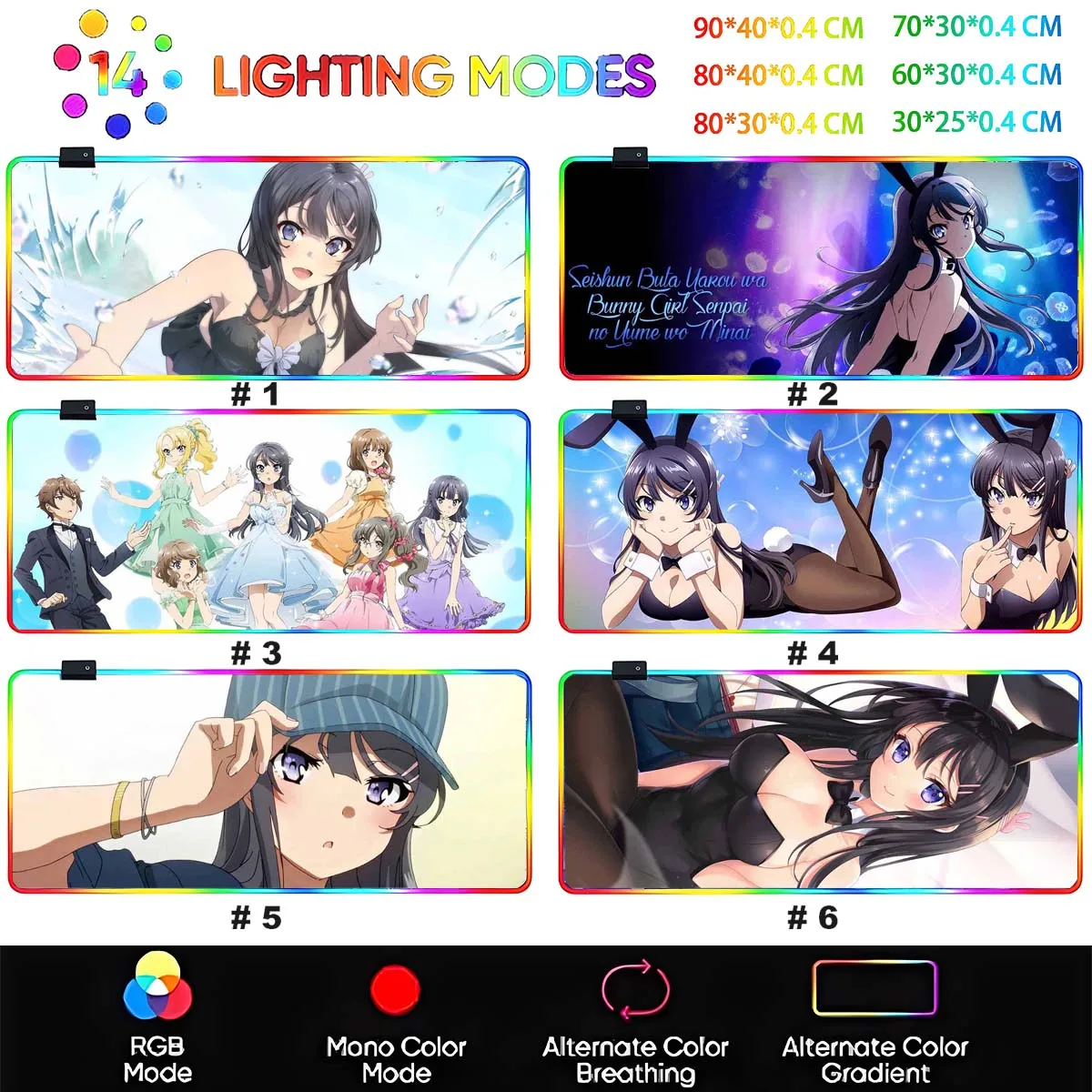 أنيمي ساكوراجيما ماي كبير عدم الانزلاق ماوس الوسادة LED الخلفية ماوس الوسادة ساكوراجيما ماي الجدول Overwatch الألعاب لوحة المفاتيح حصيرة مكتبية #4