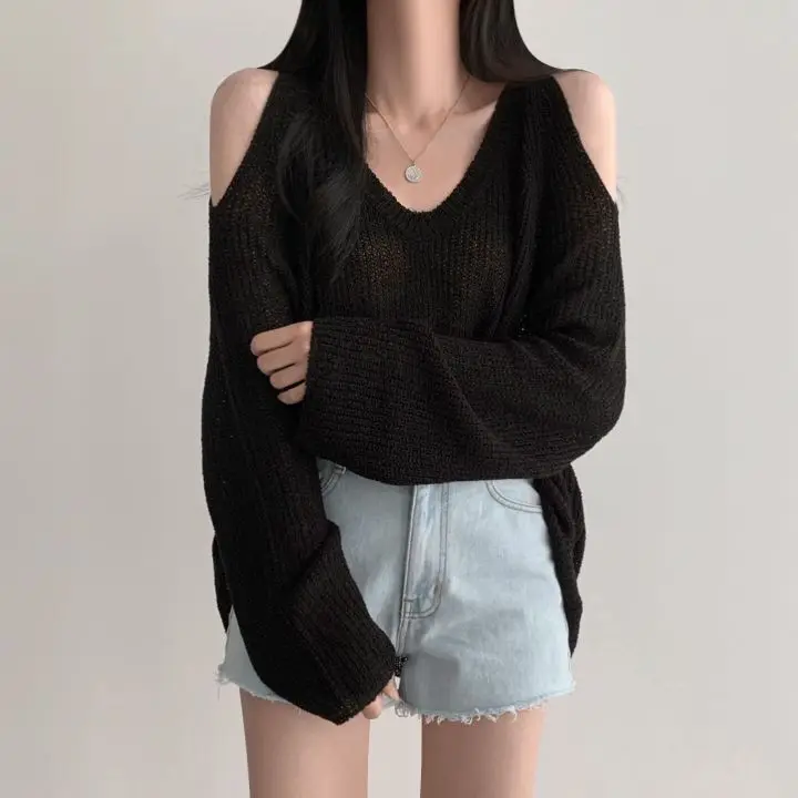 GIDYQ Oversize Off Shoulder Sweater Women V Neck Long Sleeve Thin Knitwear Korean Retro Loose All Match Casual Pullovers New