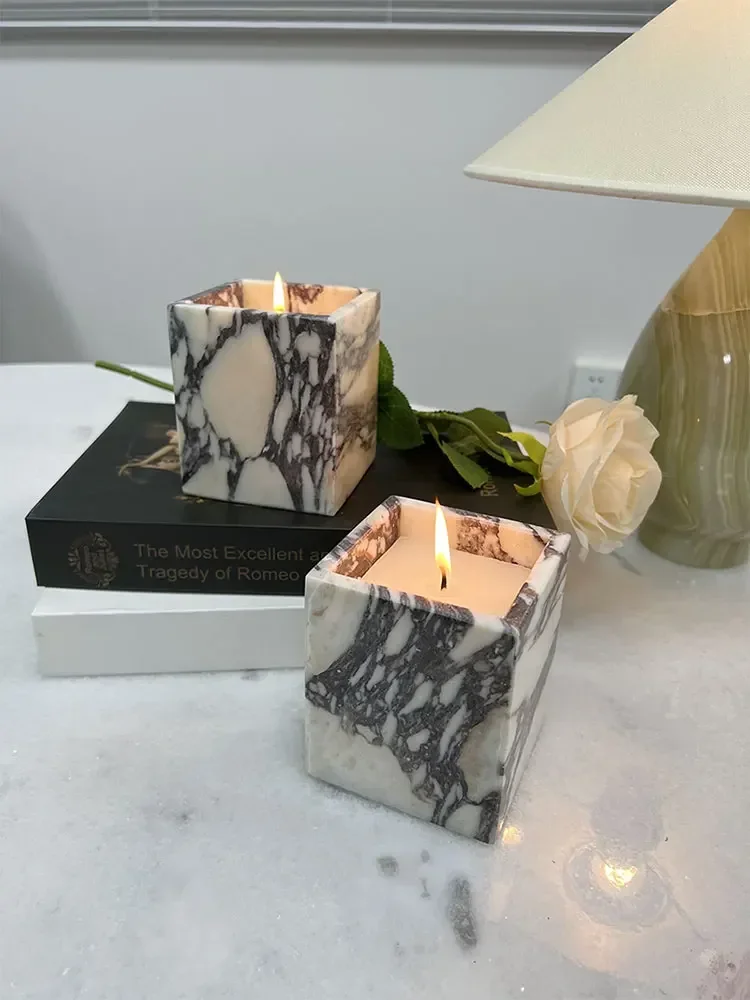 Customized  9x9x11CM Italian luxury stone Calacatta Viola Violet Marble Natural Candle Holder Cups Jar Fashion Ambiance Deco