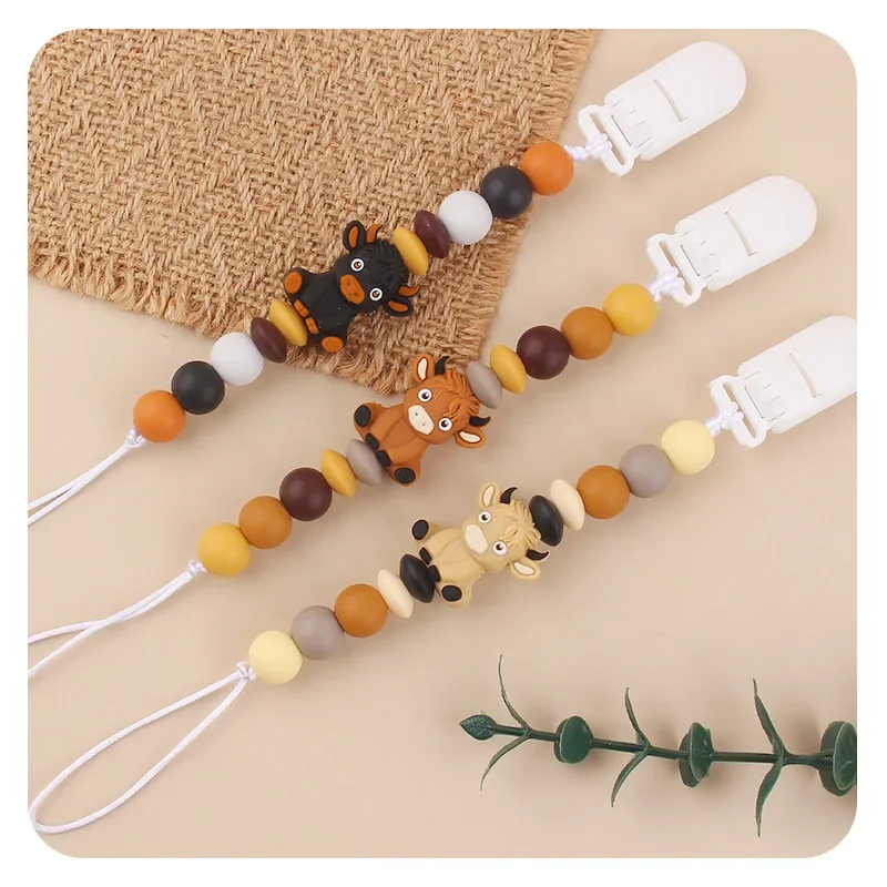 Kissteether Cartoon Cattle Pacifier Chain for Newborn Silicone Pacifier Holder Leash Anti Lost Clip Infant Teether Toy Organiser