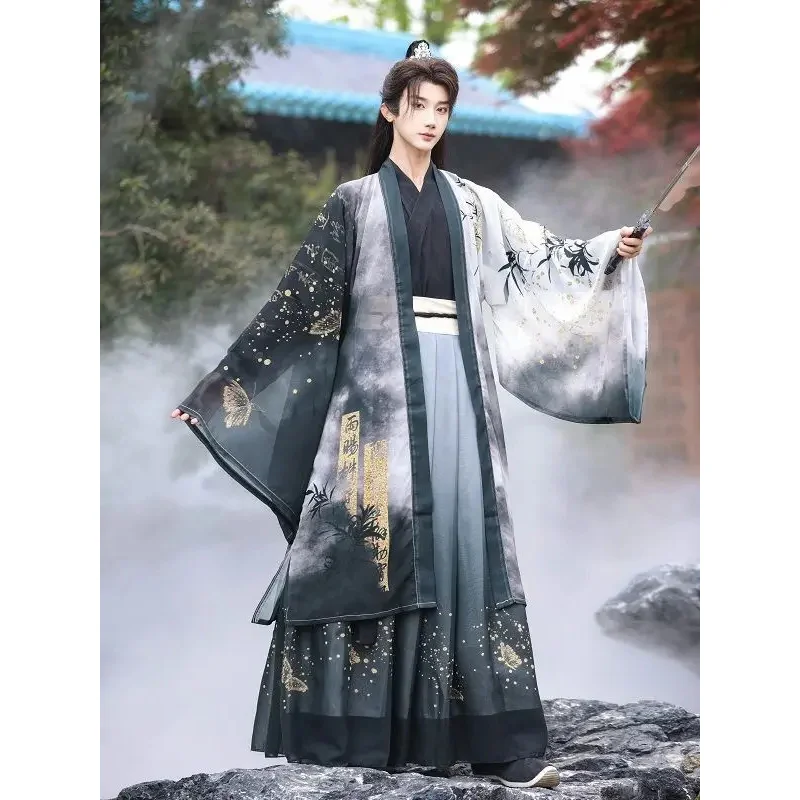 Hanfu Men Chinese Traditional Cosplay Costume Ancient Hanfu Sets Male Halloween Cos Costume Hanfu Black 3pcs Sets Plus Size 2XL