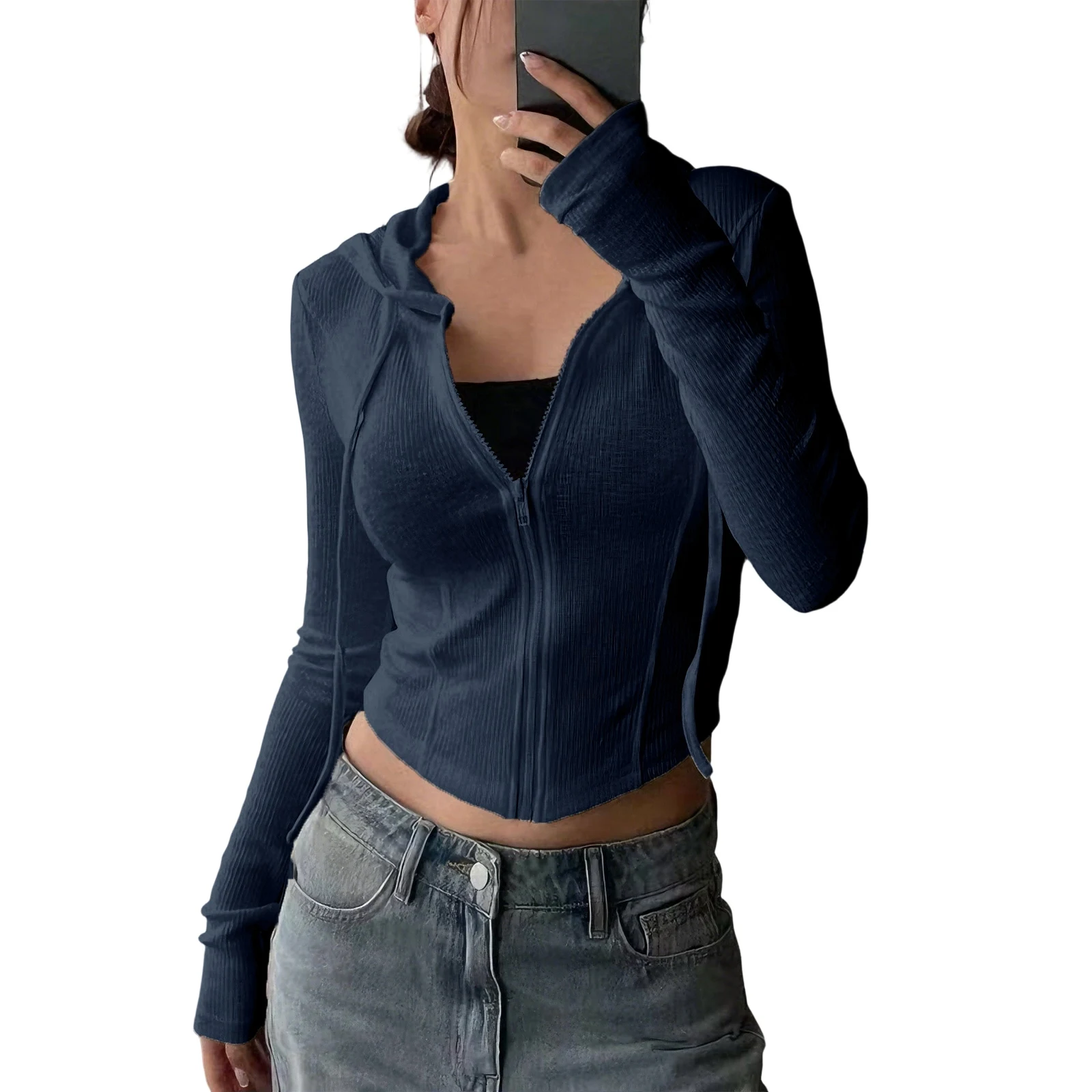 Sudadera deportiva ajustada de punto corto con capucha, cárdigan a la moda para mujer, suéter con capucha de Color sólido para invierno, suéter para mujer