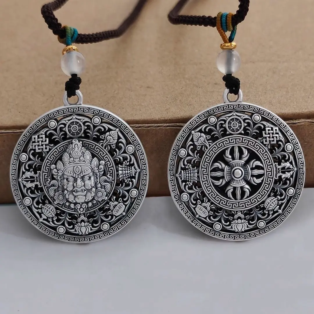

999 Sterling Silver Vintage Vajra Eight Treasures Pendant Men's Yellow Wealth God Necklace Pendant