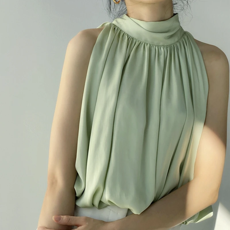 Women's 24ss Sleeveless Ice Satin Tie Top Light Luxury Texture Strapless Scarf Neckline Pure Colour Elegant Camisole Y2k