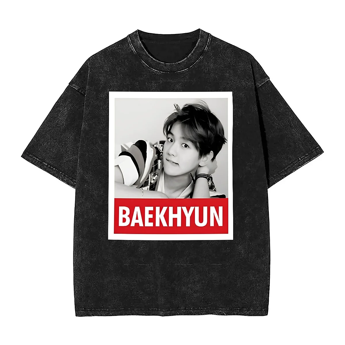 Mens T Shirt Baekhyun  Korean Singer Washed T-Shirts Fashion Kpop Music Band Summer Tee Shirt Awesome Print Simple Clothes