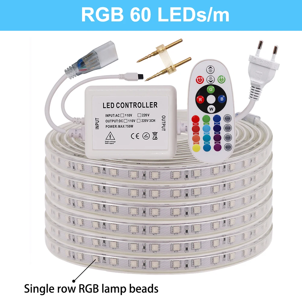 

RGB 5050 LED Strip Light 220V Waterproof Flexible Tape Ribbon 60 120 LEDs/M for TV Backlight Lighting with EU LED Controller