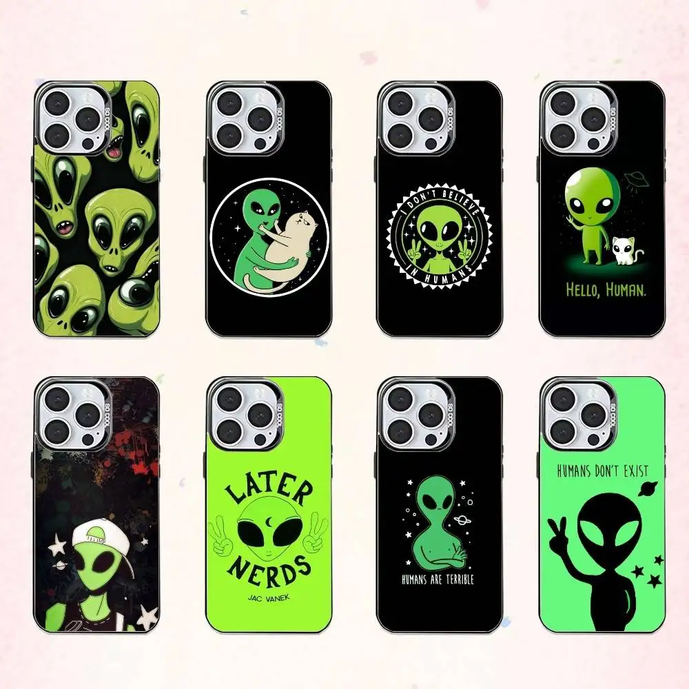 

Cute S-Space U-UFO Alien Thing Phone Case For iPhone17,16,15,14,13,12,11 Plus,Pro Max Colored Silver Plated Inside Cover