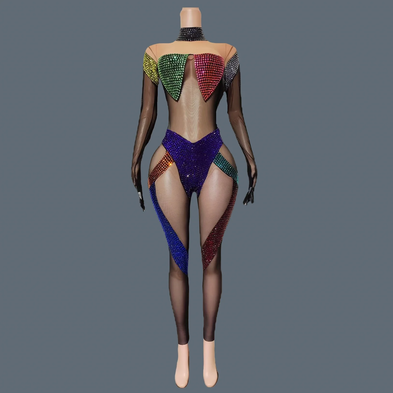 

Блестящие красочные блестящие черные колготки со стразами для бара, сценического выступления, облегающий комбинезон, одежда для вечеринок в ночном клубе, Huozhong