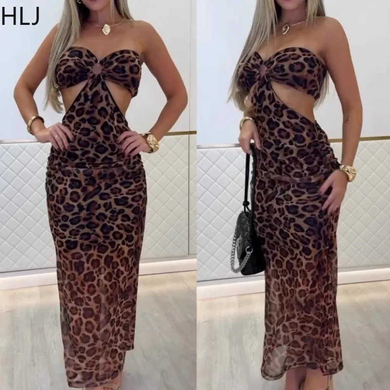 HLJ Sexy imprimé léopard longue robe femmes 2025 été nouveau évider sans manches dos nu moulante robes femme Streetwear robes