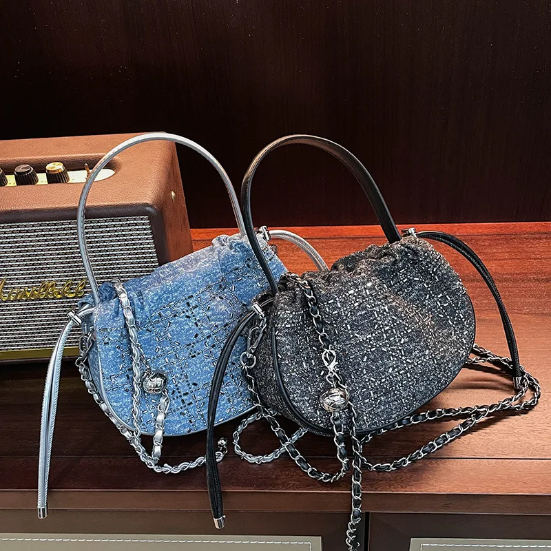

Luxury Glitter Chain Bucket Bag Women Quilted Shoulder Bag Elegant Drawstring Crossbody Purse Fashion Small Chic Handbag