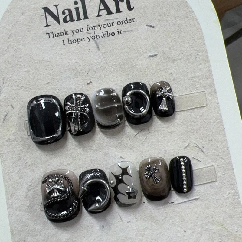 10 Uds. De uñas postizas negras oscuras, cuadradas, redondas, hechas a mano, patrones metálicos plateados, Spice Girls, dulce y fresco, usable